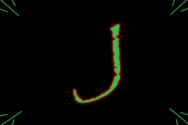 Letter J typed with wild font in green having red outer glow.
