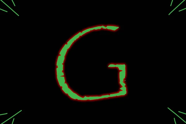 Letter G typed with wild font in green having red outer glow.