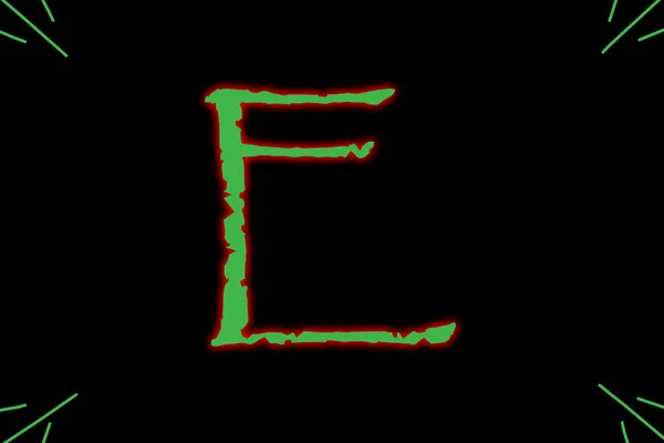 Letter E typed with wild font in green having red outer glow.