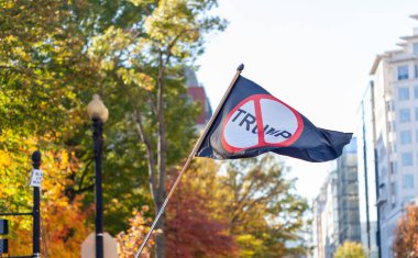 Washington DC, ABD 11 / 06 / 2020: Protestocular seçimlerden sonra Başkan Trump 'ı protesto etmek ve sonuçları kutlamak için Beyaz Saray yakınlarındaki Siyah Yaşamlar Önemli Plaza' da toplandılar. Havada Trump Bayrağı dalgalanmıyor.