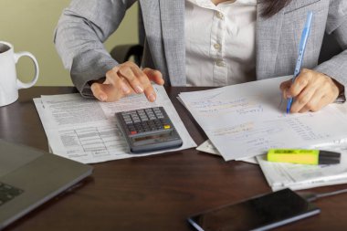 Resmi elbise giyen bir iş kadını ofis ortamında çalışıyor. Gelir ve giderleri hesaplıyor. İfadeler, ödeme makbuzları, makbuzlar ve dizüstü bilgisayarlar kullanıyor. Vergi iade kavramı