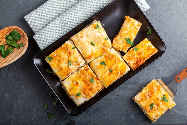 Turkish Kiymali Borek Served Tray Being Sliced Square Shapes Fresh — Stock Photo, Image