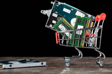İçinde RAM hafıza kartları ve sabit disk olan küçük bir alışveriş arabasının konsept görüntüsü. Teknoloji alışverişi, tüketici elektroniği, bilgisayar temalarının geliştirilmesi.