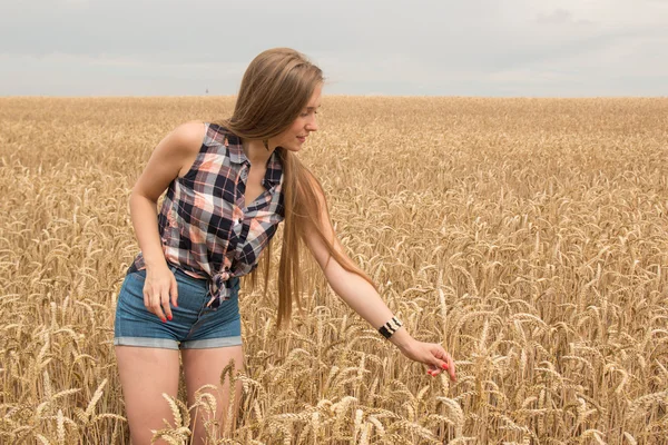 Joyeux jeune femme dans le champ de blé doré — Photo