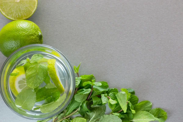 Cóctel Mojito con lima y menta en vaso sobre fondo gris —  Fotos de Stock