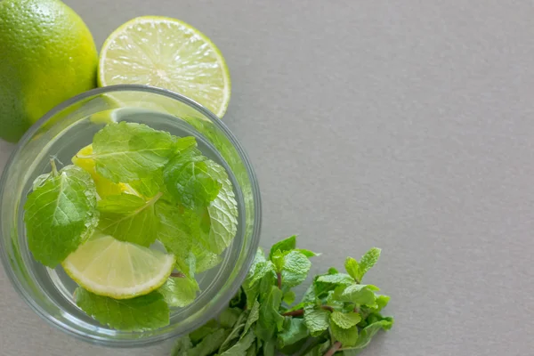 Cóctel Mojito con lima y menta en vaso sobre fondo gris —  Fotos de Stock