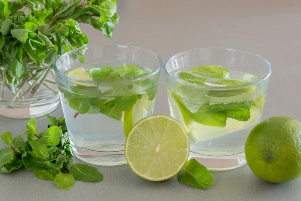 Cóctel Mojito con lima y menta en vaso sobre fondo gris —  Fotos de Stock