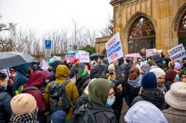 Prag, Çek Cumhuriyeti - 23.01.2021: Almanya 'dan Rusya' ya döndükten sonra Novalny 'yi destekleyen gösteri mitingleri. Prag 'da Alexey Navalny' yi desteklemek için sloganlarla bir araya geldik