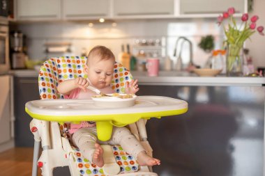 One year old girl having balanced meal in baby eating chair, healthy balanced nutrition for child