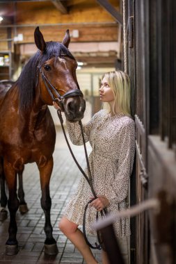 Uzun saçlı, sarışın genç bir kadın. Ahırda kahverengi atıyla poz veriyor. Rusya, Sibirya 'da.