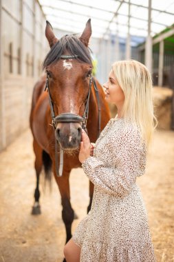 Uzun saçlı, sarışın, açık renk ahırda kahverengi atıyla poz veren genç bir atlı kadın, Sibirya, Rusya