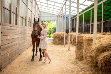 Uzun saçlı, sarışın, açık renk ahırda kahverengi atıyla poz veren genç bir atlı kadın, Sibirya, Rusya