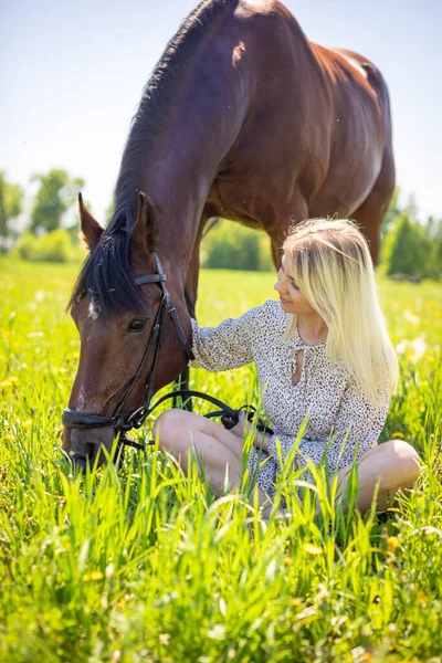 Młoda Kobieta Jeździec Blondynka Długimi Włosami Sukience Pozowanie Brązowym Koniem — Zdjęcie stockowe