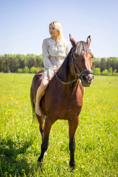 Ung Ryttare Kvinna Blond Med Långt Hår Klänning Poserar Med — Stockfoto