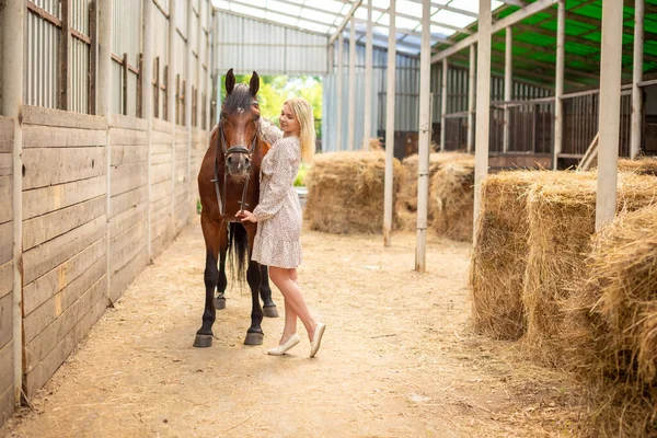 Uzun saçlı, sarışın, açık renk ahırda kahverengi atıyla poz veren genç bir atlı kadın, Sibirya, Rusya