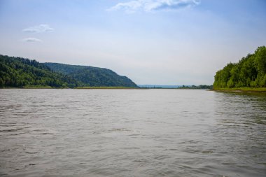 Tayga ormanlarından akan Tom Nehri, Güney Sibirya, Rusya