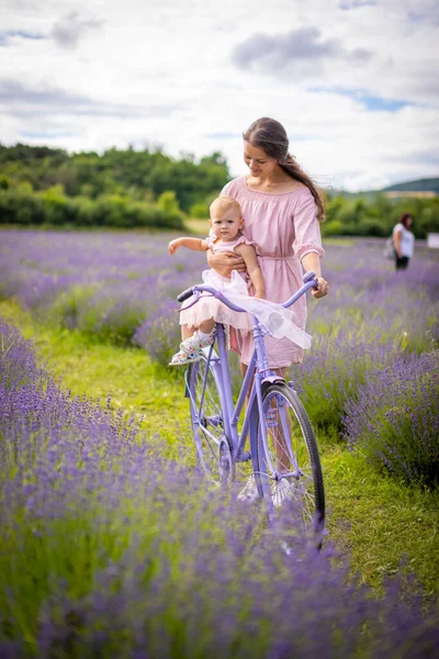 Matka ze swoją małą córeczką na fioletowym rowerze na tle lawendy, Republika Czeska — Zdjęcie stockowe