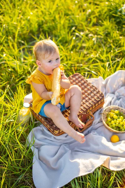 Little girl eats fresh baguette and fruit on a picnic at sunset lights in nature. — Stock Photo, Image