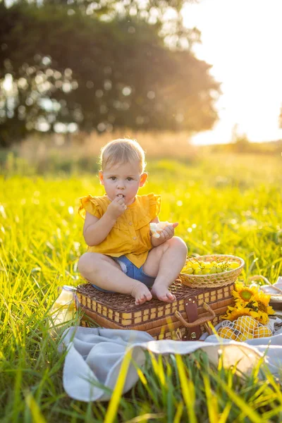 Little girl eats fresh baguette and fruit on a picnic at sunset lights in nature. — Stock Photo, Image