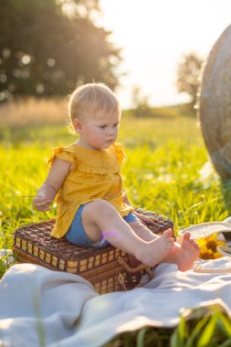 Doğada gün batımında piknik yapan küçük bir kız..