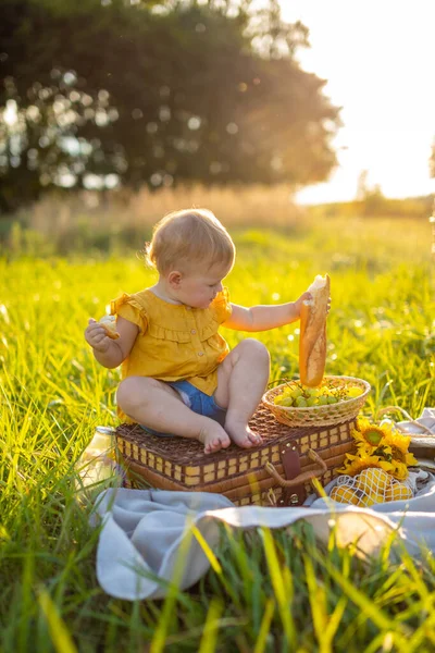 Little girl eats fresh baguette and fruit on a picnic at sunset lights in nature. — Stock Photo, Image