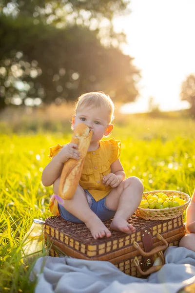 Little girl eats fresh baguette and fruit on a picnic at sunset lights in nature.