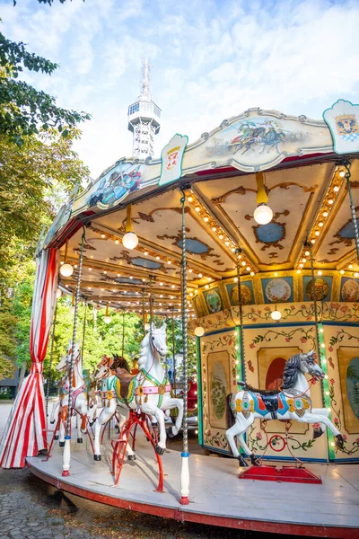 Prague, Czech Republic - 23.08.2021: Old Germany carousel in Petrin hill in summer time in Prague, Czech Republic — Stock Photo, Image