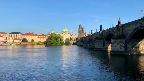 Вид на Карлов мост или Карлов мост через реку Влтаву в солнечный летний день, — стоковое видео