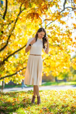 Sonbahar parkında hafif kıyafetli zarif genç bir kadın sonbahar sezonu boyunca Old Money estetiğinden ve klasik tarzından esinlenerek sonsuz moda ve yaşam tarzıyla yürüyor. Yüksek kalite fotoğraf