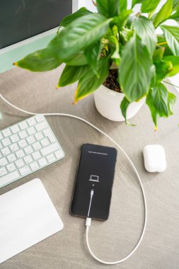 Prag, Çek Cumhuriyeti - 31 Ekim 2025: iPhone bilgisayara bağlı olarak masamda yatıyor. Akıllı telefon arızası, iOS kurtarma, yazılım çökmesi ve dijital sorun giderme, ev çalışma alanı.