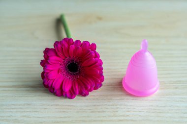 Ahşap arka planda pembe regl kupası ve mor çiçek. Kadın hijyeni, regl sağlığı ve sürdürülebilir bakım sembolü. Doğa kavramı, saflık ve ekolojik bilinçli yaşam