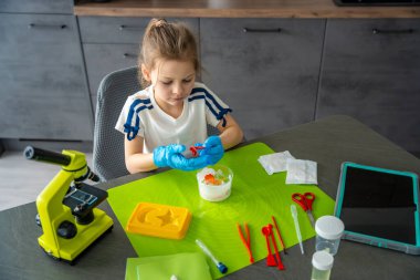 Masada mikroskop ve laboratuvar aletleriyle kristal incelerken koruyucu eldiven giyen bir kız. Kristal büyüme kiti ile bilim deneyi ve erken kimya öğrenme