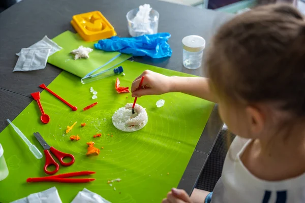 Genç kız laboratuvar masasında küçük fırçayla hilal şeklindeki kristali nazikçe temizliyor. BTMM deneyinde dikkatli bilimsel işleme ve ayrıntılı gözlem