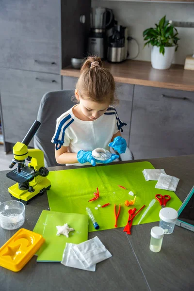 Hilal şeklindeki kristali elinde tutan genç bir kız evde büyümüş ve dikkatlice yüzeyini ve yapısını inceliyor. Bilimsel öğrenme ile sanatsal kristal yetiştirme projesini birleştiren yaratıcı STEM deneyi