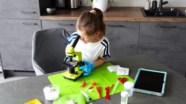 Kristal yapısını mikroskopla inceleyen genç bir kız. Büyüyen kristallerle yapılan deney sırasında. Erken STEM eğitimi ve merakı, bilimsel keşifleri yurtiçinde yürütüyor