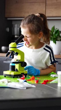 Kristal yapısını mikroskopla inceleyen genç bir kız. Büyüyen kristallerle yapılan deney sırasında. Erken STEM eğitimi ve merakı, bilimsel keşifleri yurtiçinde yürütüyor