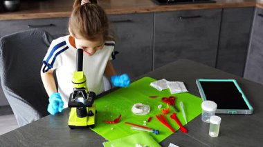 Kristal yapısını mikroskopla inceleyen genç bir kız. Büyüyen kristallerle yapılan deney sırasında. Erken STEM eğitimi ve merakı, bilimsel keşifleri yurtiçinde yürütüyor