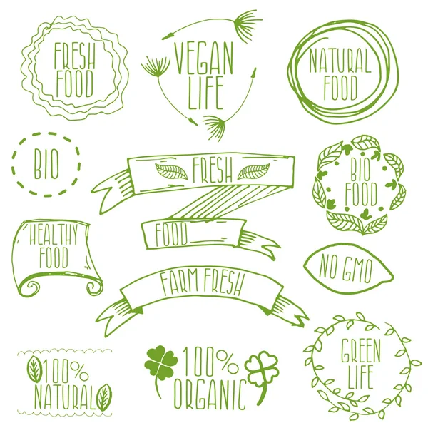 Set von handgezeichneten Öko-Freundlichkeits-Labels.Vektor-Illustration — Stockvektor