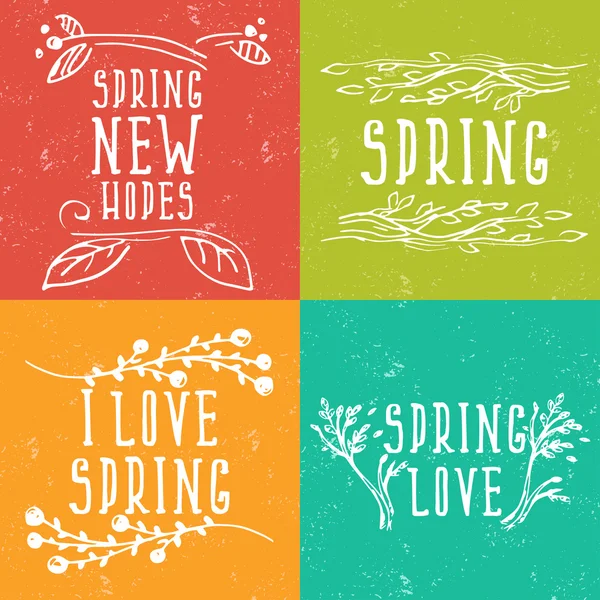 Hand Drawn spring labels with flowers,branches and leaves. Vecto — Stock Vector