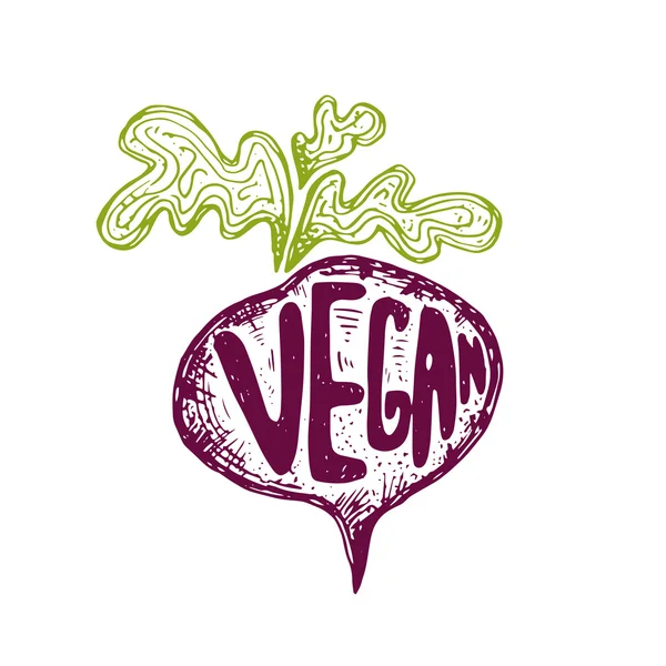 Obrázek ruky nakreslené červené řepy s textem veganské. Vektor — Stockový vektor