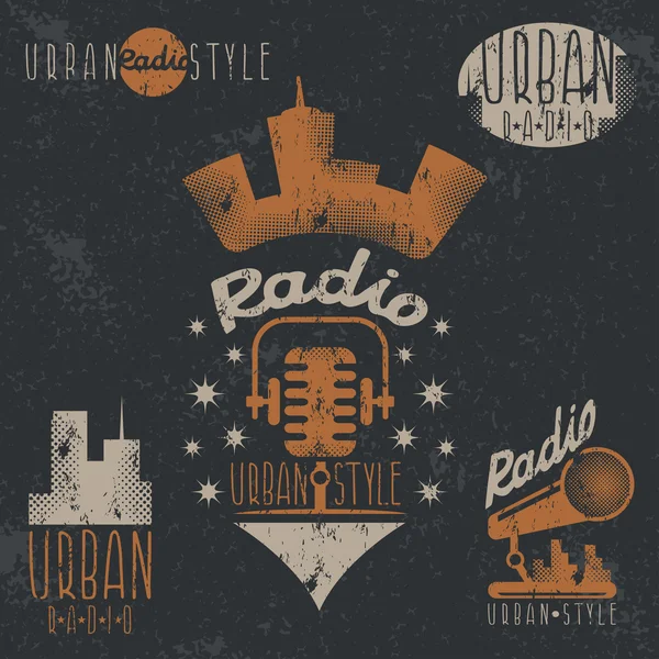 Vintage Grunge Etiketten des urbanen Radios mit Mikrofon und Kopfhörer — Stockvektor
