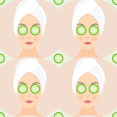 Bir kadın seamless modeli düz tasarım üzerinde salatalık maskesi ile