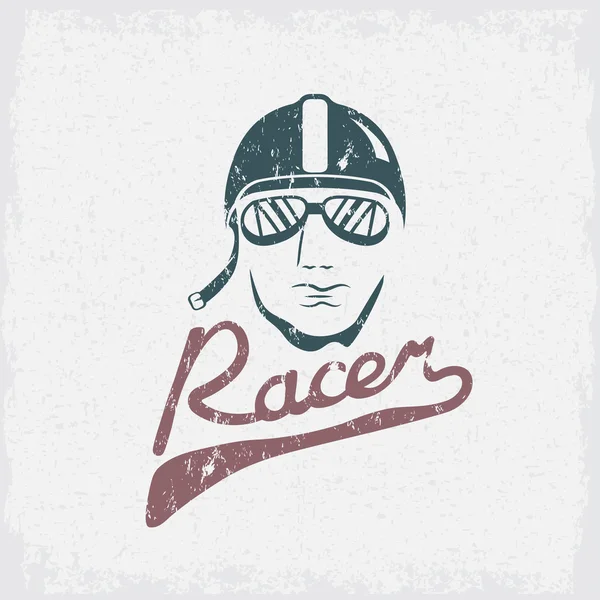 Hoofd van de racer vintage grunge vector ontwerpsjabloon — Stockvector