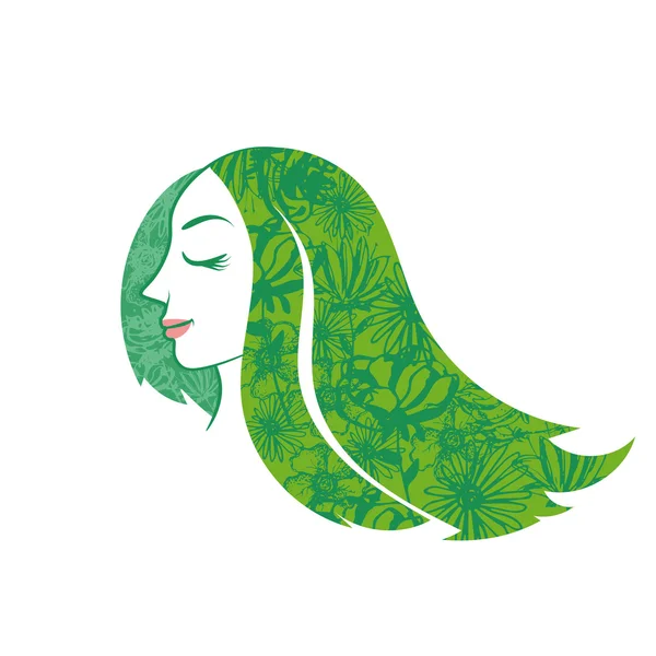 Silhouette beauty woman with hair with flower and leaves. Vector — Stock Vector