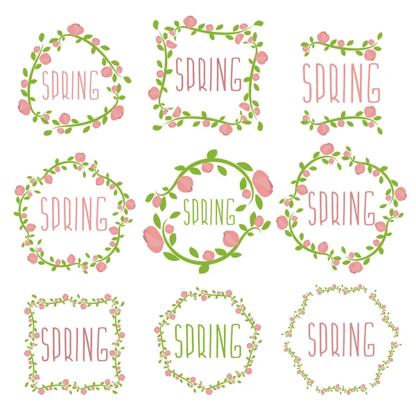 Conjunto de etiquetas de primavera com flores e folhas. Vector illustratio — Vetor de Stock