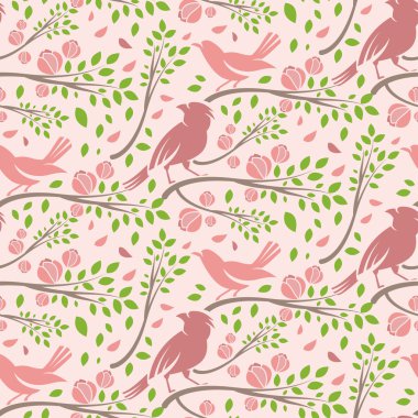 Bahar kuşların dallarındaki yapraklar ve flo ile Seamless Modeli