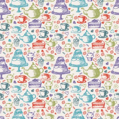 Dikişsiz el desen çay zaman Tema için yazılı. Çay, su bardağı,