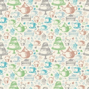 Dikişsiz el desen çay zaman Tema için yazılı. Çay, su bardağı,