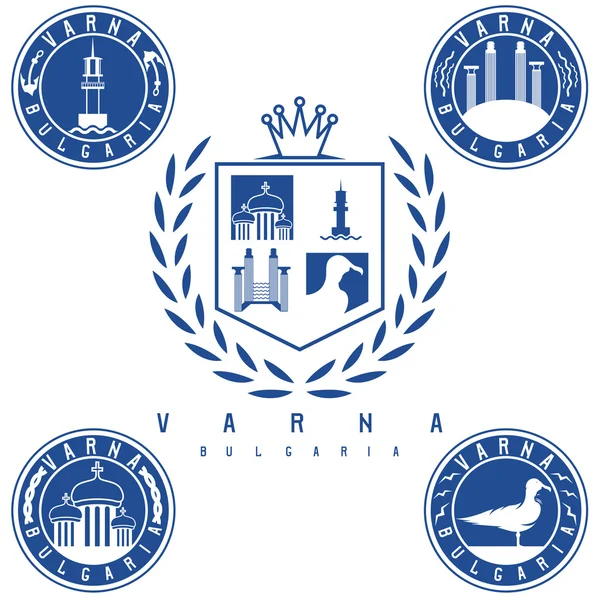 Герб и эмблемы с достопримечательностями города Варна Болгар — стоковый вектор