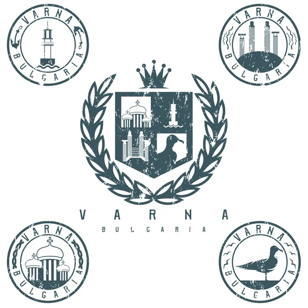 Escudo de armas y emblemas grunge con monumentos de la ciudad Varna — Vector de stock